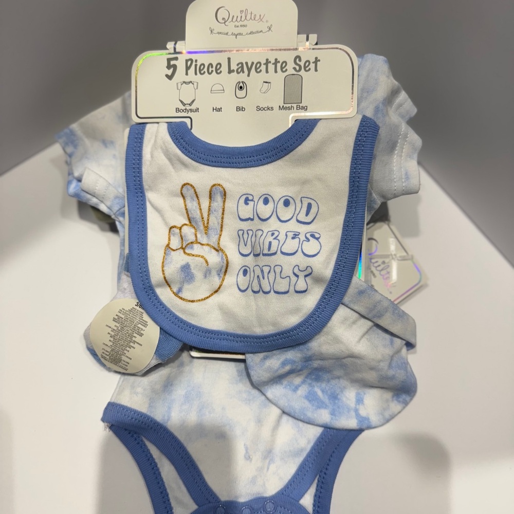 NWT Quiltex 4-Piece Baby Set – “Good Vibes Only” Tie-Dye Bodysuit (NO MESH BAG)